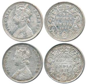 Victoria Empress, Silver Rupee, 1877, Bombay Mint, A2 / II / dot and A3 / II / dot. Very F