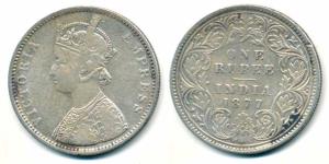 Victoria Empress, Silver Rupee, 1877, A1 / I / dot. Fine+.