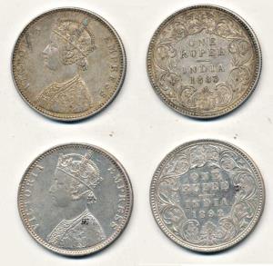 Victoria Empress, Silver Rupee, 1883, A3 / I / ’B’ raised and 1892, C2 / I / ’B’ raised. V