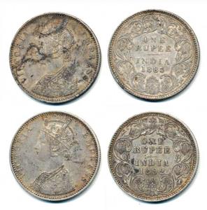 Victoria Empress, Silver Rupee, 1883, A3 / I / ’B’ raised and 1892, C2 / I / ’B’ raised. F