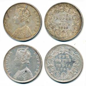 Victoria Empress, Silver Rupee, 1883, A3 / I / ’B’ raised and 1892, C2 / I / ’B’ raised. V