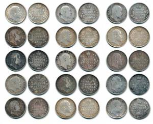 Edward VII, Silver 2 Anna, 1903 (2), 1904, 1905, 1906 (2), 1907 (2), 1908, 1910 (6). Fine+