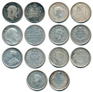 Edward VII, George V, George VI, Silver & Half Silver ¼ Rupee, 1907, 1910, 1936, 1939 (2),