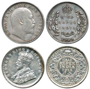 Edward VII and George V, Silver ½ Rupee, 1909, Calcutta Mint and 1914, Bombay Mint. Extrem