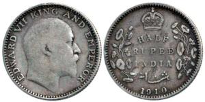 Edward VII, Silver ½ Rupee, 1910, ’B’ incused. Fine+.