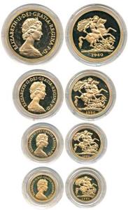 Great Britain, Elizabeth II, Gold Proof set of 4 pcs., Pounds 5, 2, 1 and 1/2, 1980, St. G