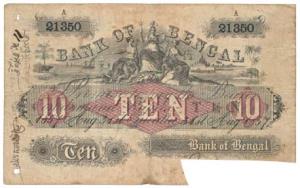 Bank of Bengal, Rupees 10, Type 10, Calcutta, dated 31st August 1857. Serial number placed