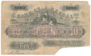 Bank of Bengal, Rupees 10, Type 10, Calcutta, hand signed, dated 12th April 1859. Serial n