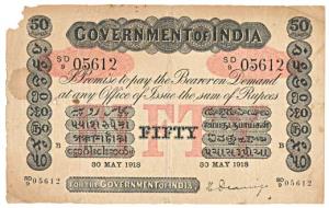Government of India, Uniface, Rupees 50, red under print, Bombay circle, signed H. Denning