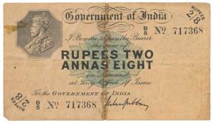 George V, Rupees 2 Annas 8 (2 & ½ Rupees), 1918, signed M. M. S. Gubbay, Prefix B for Bomb
