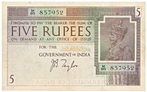 George V, Rupees 5, 1st issue, 1925, signed J. B. Taylor, (J&R 4.2). Very Fine.
