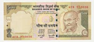 Rupees 500, 2008, signed Y. V. Reddy, Error, value not printed entirely in the center, (IP