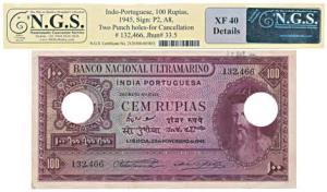 Portugese India, Cem (100) Rupias, 1945, Banco Nacional Ultramarino, (J&R 33.5). Cancellat
