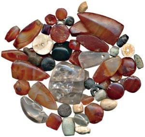 Beads, used for jewellery, a group of mixed beads of carnelian, jasper and different stone