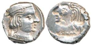 Western Kshatrapas, Silver Karshapana, Brockage on rev., nice deep and complete Lakhi impr