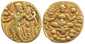 Guptas, Chandragupta II (380-413 AD), Gold Dinar, Archer type, obv. king nimbate, standing