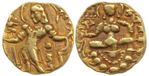 Guptas, Chandragupta II, Gold Dinar, 7.70g, Archer type, obv. king nimbate, standing left 