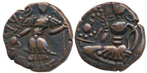 Huns, Kashmir, Toramana, (c. 540-570 AD), Copper Drachma, king standing slightly left, sac