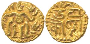 Imperial Cholas, RajaRaja I (985-1014 AD), Gold 1/8 Kahavanu, obv. king standing looking r