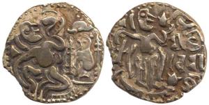 Rajadhiraja Chola (1018-1052 AD), Base Gold Kahavanu, Seated king with tiger emblem, rev. 