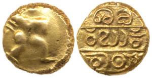 Vijayanagar, Bukka Raya I (1344-1377 AD), Gold Pagoda, 3.36g, warrior walking to right wit