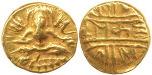Vijayanagar Empire, Krishna Deva Raya, Gold ½ Pagoda, 1.66g, Balakrishna seated flanked by