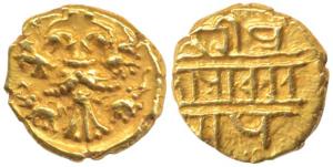 Vijayanagar, Achyuta Deva Raya (1529-1542 AD), Gold ½ Pagoda, two headed mythical bird hol