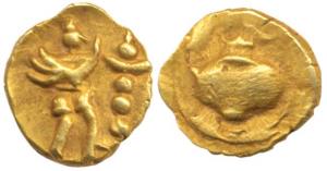 Vijayanagara Feudatories, Gold Fanam, obv. Kalasha; Garuda standing on rev. Very Fine+, Ve