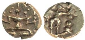 Vijayanagara Feudatories, Gold Fanam, obv. seated Lakshmi; rev. standing Garuda. About Ext