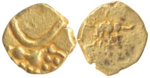 Hoysala Gold ¼ Fanam, lion to right on obv., rev. uncertain spear like symbol. Very Fine, 