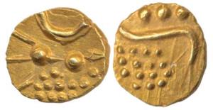 Veera Raya, Coorg, Gold Fanam, obv. stylized lion standing right with crescent above; rev.