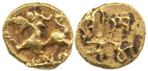 Uncertain Gold Fanam, perhaps Maratha3/8, obv. lion to left, rev. legend Rama Rau. Very Fi