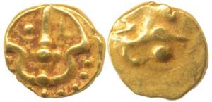 Shilaharas of Kolhapur, Gold Double Fanam, 0.77g, trishul on obv., rev. running Garuda (Mi