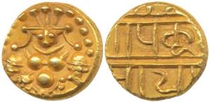 Nayakas of Chitradurga, Gold Durgi Pagoda, 3.26g, obv. seated Balakrishna flanked by conch