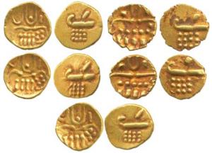Veera Raya,Coorg Gold Fanam (5), obv. stylized lion standing right with crescent above, re