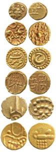 Assorted Gold Fanams (6), Veera Raya, Coorg; Marathas of Tanjavore; Hoysala Lion to the ri