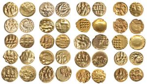 Assorted Gold Fanams (20), Vijaynagar, Sadashiva Raya, Shiva Parvati on obv., Nagari legen