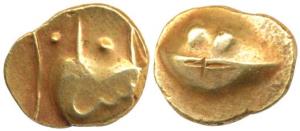 Sikandar Adil Shah, Hudki Gold ½ Pagoda, 1.7g, obv. a boat like uncertain symbol, letter '