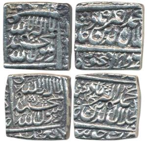 Akbar, Silver Square Rupee (2), Fatehpur and Jaunpur Mint, AH 989, Kalima type. Very Fine+