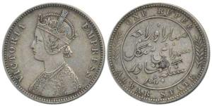 Mangal Singh (1874-1892 AD), Silver Rupee, with the name and portrait of Victoria, 1880 AD