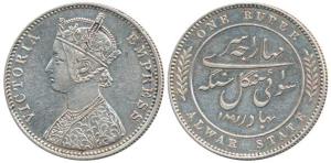 Mangal Singh, Silver Rupee, with the name and portrait of Victoria, 1891 AD, extra leaf on