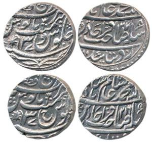 Bareli Mint, Silver Rupee (2), in the name of Shah Alam II, with various marks such as a P