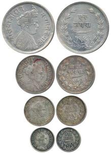 Sayaji Rao III, Silver set of 4, Rupee, 1/2, ¼ (4 Annas) and 1/8 (2 Annas), VS 1949, 1951,