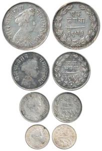 Sayaji Rao III, Silver set of 4 Rupee, 1/2, ¼ (4 Annas) and 1/8 (2 Annas), all VS 1951 exc