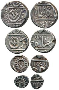 Tukoji Rao (1795-97 AD), set of 4, Silver Rupee, 1/2, ¼ and 1/8, Malhar Nagar Mint, AH 127