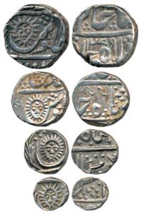 Tukoji Rao, set of 4, Silver Rupee, ½ , ¼ and 1/8, Malhar Nagar Mint, sunface on obv. (Fra