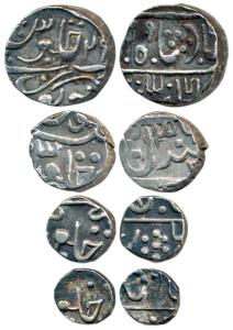 Dulep Singh (1825-1846 AD), Set of 4, Silver Rupee, 1/2, ¼ and 1/8, AH 1236 frozen RY45 (K