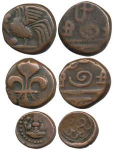 Copper Doudou (2), one each with fleur de lis and rooster on obv.; Pudukottai Kasu. Very F