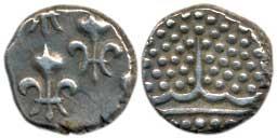 Pondicherry, Silver 2 Royalins (Fanon), 1.46 g, pearled crown on obv., fleur de lis on rev
