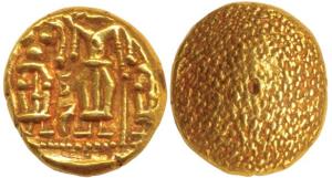 3 Swami Gold Pagoda, 3.40g, Lord Balaji with his consorts Shri Devi and Bhu Devi on either